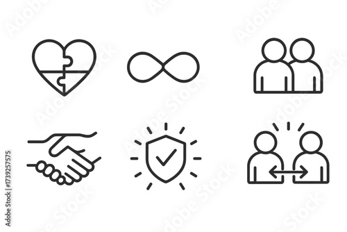 Bond Symbols Icon Set. Outline icon set of emotional bonds: heart puzzle, infinity symbol, linked chains, two souls, glowing aura, connected hands, trust