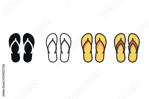 Stylish Flip-Flop Icons. Vector icon flip flops same pose same proportions four styles black solid glyph outline minimal flat multicolor filled cartoon flat