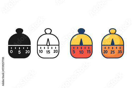 Multistyle UI Icons. Vector icon kitchen timer same pose same proportions four styles black solid glyph outline minimal flat multicolor filled cartoon flat