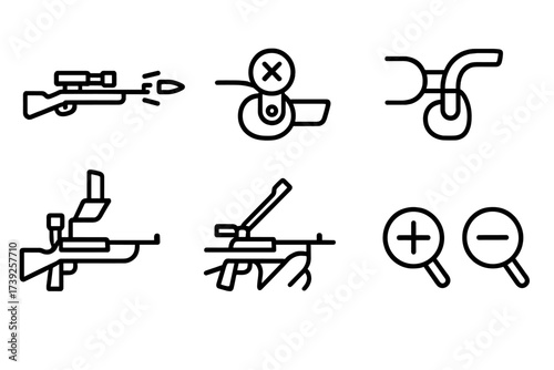 Sniper Rifle Icons. Outline icon set of sniper rifle firing modes: single shot, safety on, safety off, reload, bolt cycling, trigger pull, zoom in, zoom out.