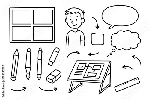 Comic Creation Tools. Comic Strip Creation. Hand-drawn doodle illustration panel frames, character sketch, speech bubble, thought bubble, pencil, ink pen,