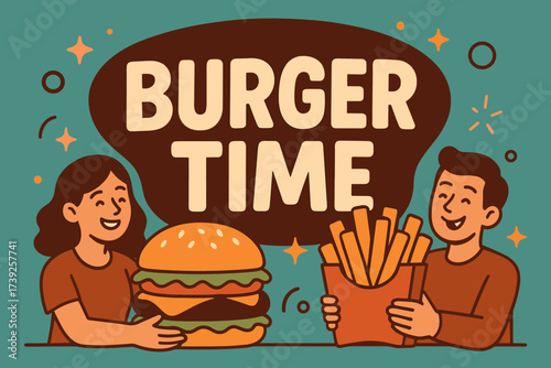 Burger Time Extravaganza. Burger Time banner, flat vector illustration, bold oversized text inside rounded blob, cartoon characters sitting and smiling near