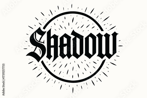 Gothic Lettering Sparks. Shadow, gothic lettering, heavy dramatic strokes, surrounded by sparks, circular frame composition, clean white background, vector