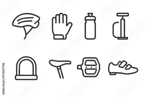 Cycling Gear Icons. Outline icon set of gear for cycling: bike helmet, cycling gloves, water bottle, bike pump, bike lock, saddle, pedals, cycling shoes. Line