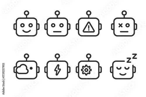 Robot Emotion Icons. Outline icon set of robot emotions: happy face, neutral face, alert, error, thinking, charging, working, sleeping. Line icons in only