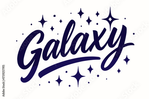 Galactic Sparkle Art. Galaxy, brush lettering, flowing bold tone, surrounded by sparkles, diagonal decorative composition, clean white background, vector look,