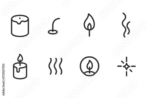 Minimalist Icon Set. Outline icon set of cuddle foods: cookies, cake slice, fruit bowl, popcorn, chocolate bar, cheese platter, sandwich, ice cream. Line icons