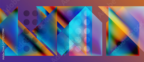 Abstract geometric shapes, vibrant colors, layered design. Purple background contrasts bright orange strip. Modern digital illustration.