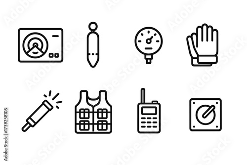 Depth Charge Icon Set. Outline icon set of depth charge accessories: sonar device, detonator tool, pressure gauge, safety gloves, signal flare, explosive vest,