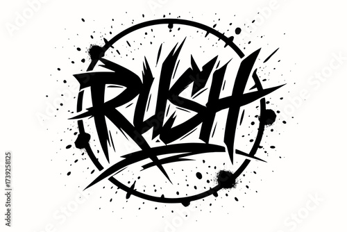 Graffiti Energy Burst. Rush, graffiti lettering, jagged fast strokes, surrounded by splatters, circular frame composition, clean white background, vector look,