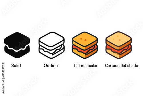 Stylized Sandwich Icons. Vector icon sandwich same pose same proportions four styles black solid glyph outline minimal flat multicolor filled cartoon flat