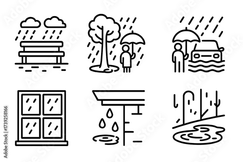 Rainy Day Icons. Outline icon set of rainy day outdoor scenes: park bench in rain, wet tree, people with umbrellas, flooded street, rain on window, dripping