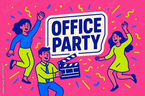 Vibrant Office Celebration. Office Party banner, flat vector illustration, bold oversized text inside sticker outline, cartoon characters dancing with clapper
