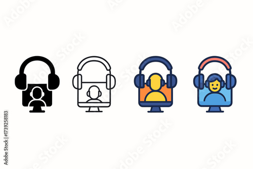 Diverse Headphone Icons. Vector icon headphones online class same pose same proportions four styles black solid glyph outline minimal flat multicolor filled