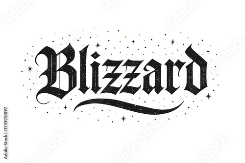 Gothic Snowstorm Calligraphy. Blizzard, gothic calligraphy, frosty heavy strokes, surrounded by snow sparks, horizontal balanced layout, clean white