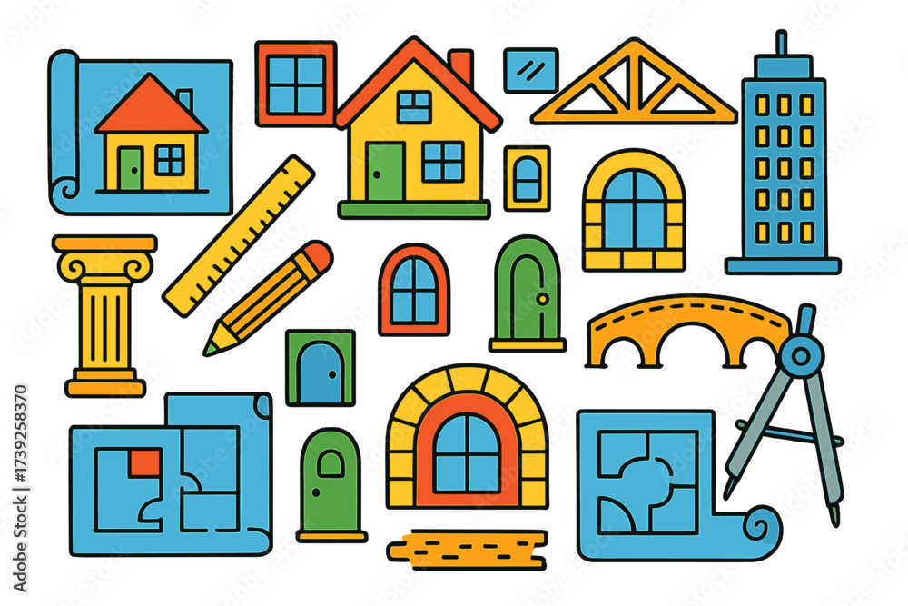 Fototapeta premium Colorful Architectural Doodles. Architecture. Colorful Hand-drawn doodle Children illustration blueprints, house model, windows, doors, columns, beams, roof