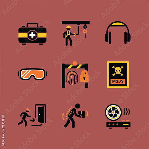 The image showcases nine distinct icons representing various workplace safety measures and warnings, all rendered in a stylized, graphic format.