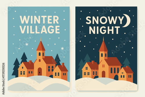 Winter Village Banners. Two vertical A6 banners, flat vector design, light blue and cream backgrounds, snowy village with church and houses, first banner with