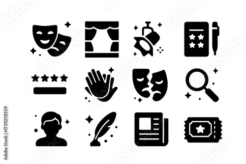 Theater Icon Set. Theater criticism. Solid icons set of theater mask, stage curtain, spotlight, reviewer notebook, star rating, clapping hands, broken mask,