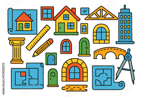 Colorful Architectural Doodles. Architecture. Colorful Hand-drawn doodle Children illustration blueprints, house model, windows, doors, columns, beams, roof