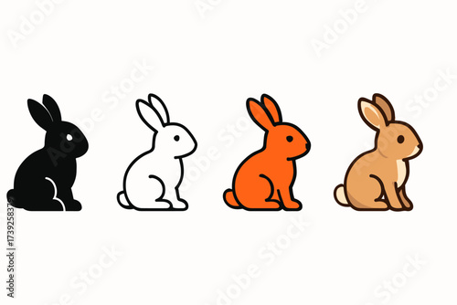 Rabbit Icon Styles. Vector icon rabbit sitting same pose same proportions four styles black solid glyph outline minimal flat multicolor filled cartoon flat