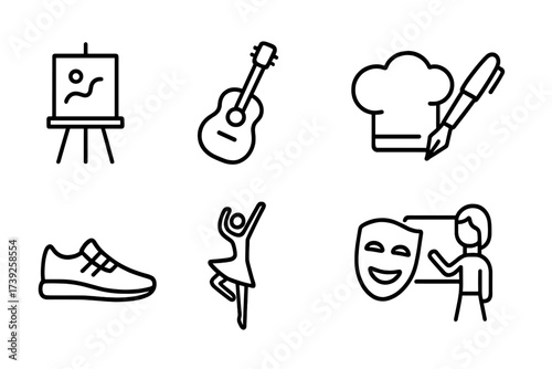 Passion Professions Icons. Outline icon set of passion professions: artist easel, musician guitar, chef hat, writer pen, athlete shoe, dancer, actor mask,