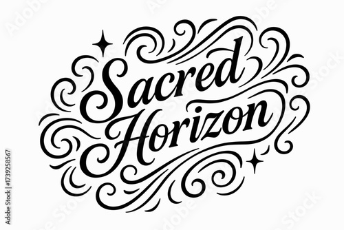 Sacred Horizon Calligraphy. Sacred Horizon, elegant calligraphy lettering, smooth curves, balanced composition, clear readable letters, consistent style,