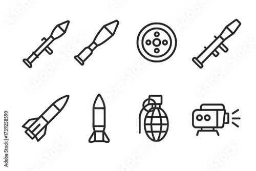 Anti-Tank Weapons Icons. Outline icon set of anti-tank weapons: rocket launcher, shaped charge, anti-tank mine, recoilless rifle, guided missile,