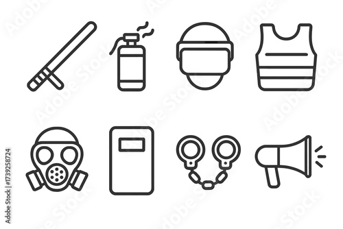 Crowd Control Icons. Outline icon set of crowd control equipment: baton, tear gas canister, riot helmet, body armor, gas mask, shield, handcuffs, megaphone.