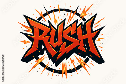 Graffiti Rush Sparks. Rush, graffiti style, jagged heavy tone, surrounded by sparks, circular frame composition, clean white background, vector look, high