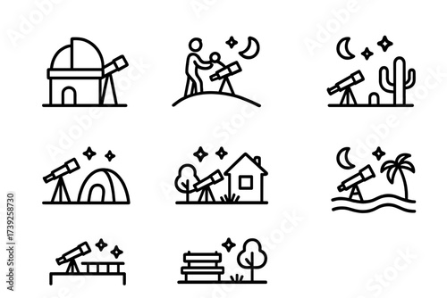 Stargazing Icon Set. Outline icon set of stargazing locations: observatory, hilltop, desert, campsite, backyard, rooftop, park, beach. Line icons in only black