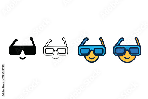 AR Glasses Icon Set. Vector icon AR glasses same pose same proportions four styles black solid glyph outline minimal flat multicolor filled cartoon flat