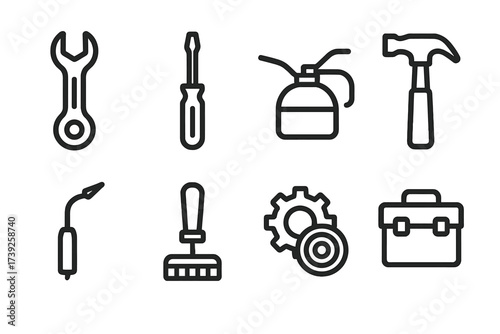 Maintenance Tools Icons. Outline icon set of destroyer maintenance tools: wrench, screwdriver, oil can, hammer, welding torch, cleaning brush, spare parts,