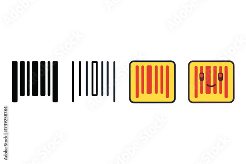 Iconic Retail Barcodes. Vector icon retail barcode same pose same proportions four styles black solid glyph outline minimal flat multicolor filled cartoon flat
