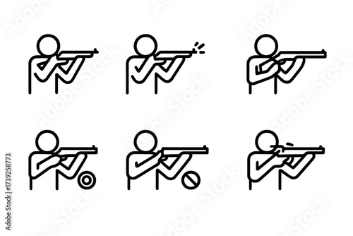 Rifle Action Icons. Outline icon set of rifle firing actions: aiming, firing, reloading, cocking, safety on, safety off, bolt cycling, trigger pull. Line icons