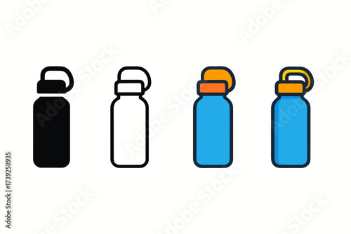 Stylized Water Bottle Icons. Vector icon reusable water bottle same pose same proportions four styles black solid glyph outline minimal flat multicolor filled