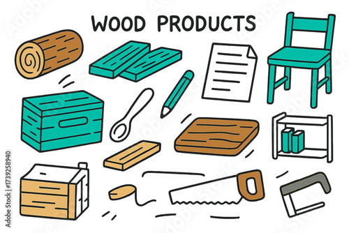 Colorful Wood Product Doodles. Wood products. Hand-drawn doodle illustration wood products log (colored), planks (colored), paper sheet, wooden chair