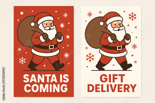 Festive Santa Banners. Two vertical A6 banners, flat vector design, red and white backgrounds, santa claus carrying big sack of gifts, stars and snowflakes,