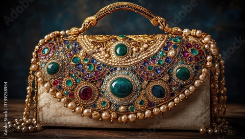Bejeweled bag ornate, golden, with gems and pearls