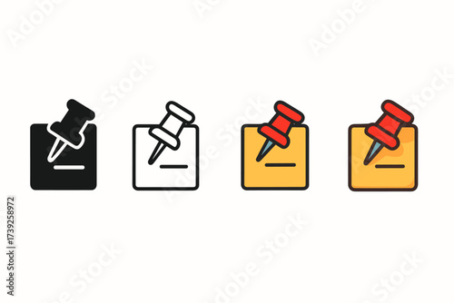 Pushpin Icon Styles. Vector icon pushpin notice board same pose same proportions four styles black solid glyph outline minimal flat multicolor filled cartoon