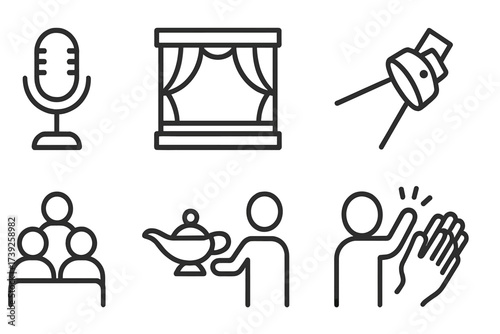 Storytelling Icon Set. Outline icon set of storytelling tools: microphone, storytelling stage, audience, spotlight, script, magic lamp, storyteller figure,