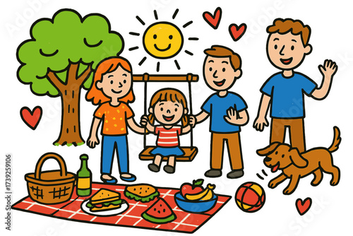 Family Picnic Doodle. Family time. Colorful Hand-drawn doodle Children illustration family time swing, parents, child, dog, ball, blanket, tree, picnic food,