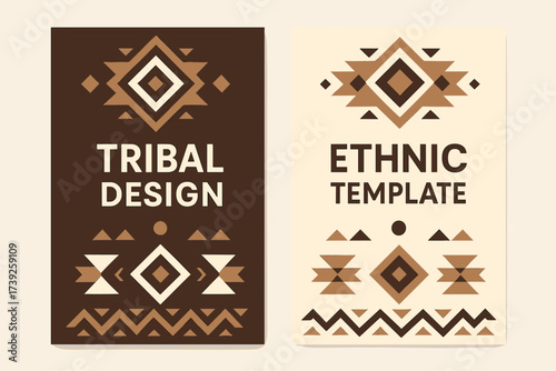 Tribal Ethnic Banners. Two vertical A6 banners, flat vector design, brown and cream backgrounds, geometric tribal pattern, ethnic minimal, first banner with