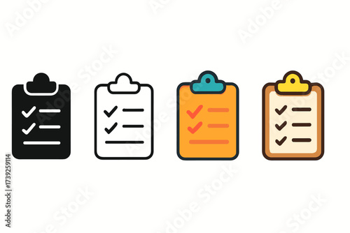 Vector Clipboard Icons. Vector icon clipboard test same pose same proportions four styles black solid glyph outline minimal flat multicolor filled cartoon flat