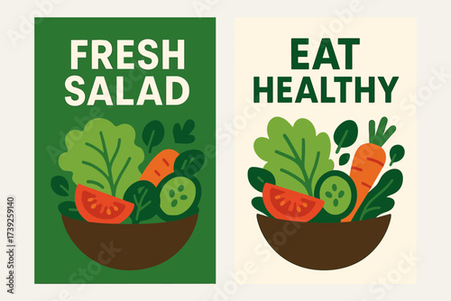 Healthy Salad Banners. Two vertical A6 banners, flat vector design, green and cream backgrounds, salad bowl with vegetables, healthy food theme, first banner