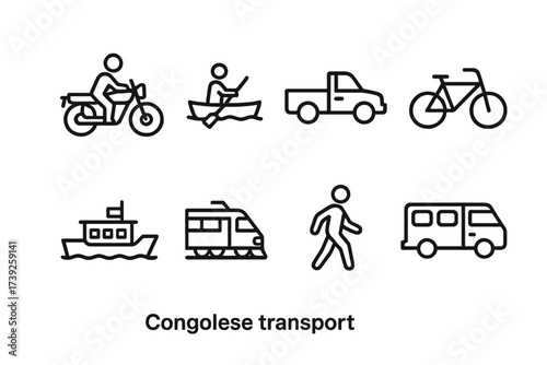 Congolese Transport Icons. Outline icon set of Congolese transport: Motorbike taxi, Canoe, Pickup truck, Bicycle, River ferry, Train, Walking figure, Minibus