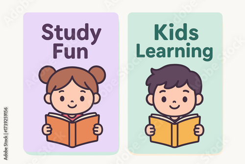 Study Fun Banners. Two vertical A6 banners, flat vector design, pastel lavender and mint backgrounds, cute children reading books, kawaii study theme, first