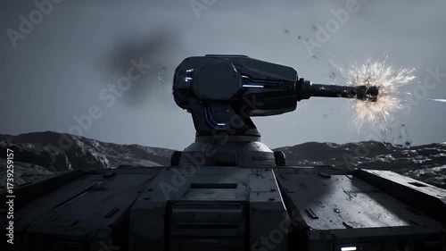 Futuristic automated defense system engaging threats in a simulated war zone, showcasing advanced targeting and energy weapon capabilities under