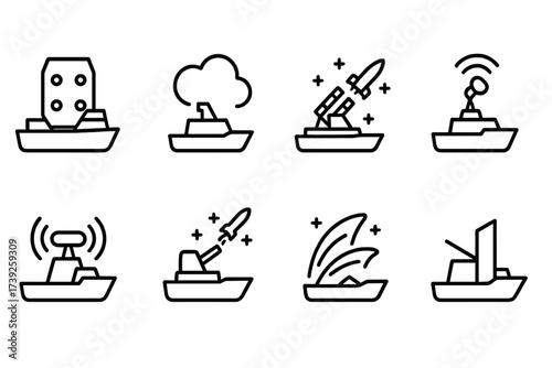Gunboat Defense Icons. Outline icon set of gunboat defense systems: armor plating, smoke screen, countermeasures, radar jammer, electronic warfare pod,