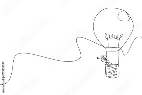 Single one line drawing businesswoman rides hot air balloon shaped lightbulb and looks through using monocular. New opportunities. National Creativity Day. Continuous line design graphic illustration